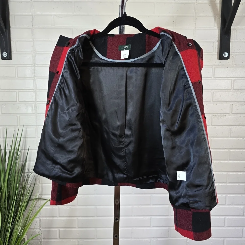 J. Crew Red Buffalo Plaid Double Breasted Cropped Pea Coat Jacket Small Or 6 - Picture 11 of 13